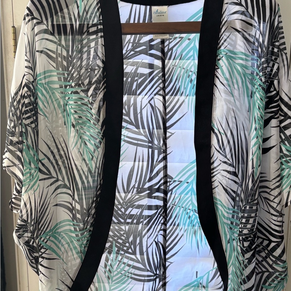 Catalina Black and Green Leaf Kimono cover up large‎ 12/14 - Picture 4 of 7